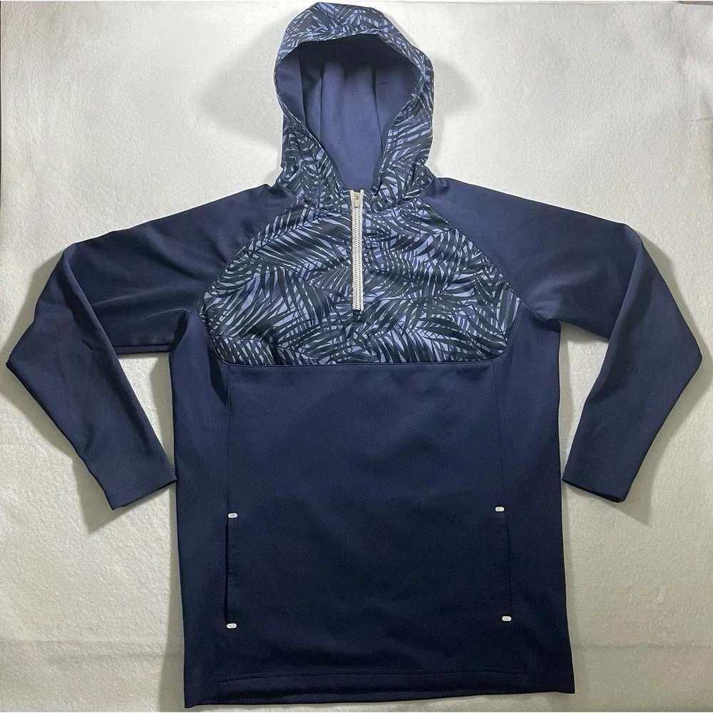 Peter Millar Kids 1/4 Zip Hooded Pullover Navy Leaf Print Large 11-12 Youth